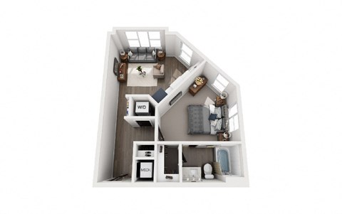 A top-down view of a small apartment with a kitchen, living room, and bathroom.